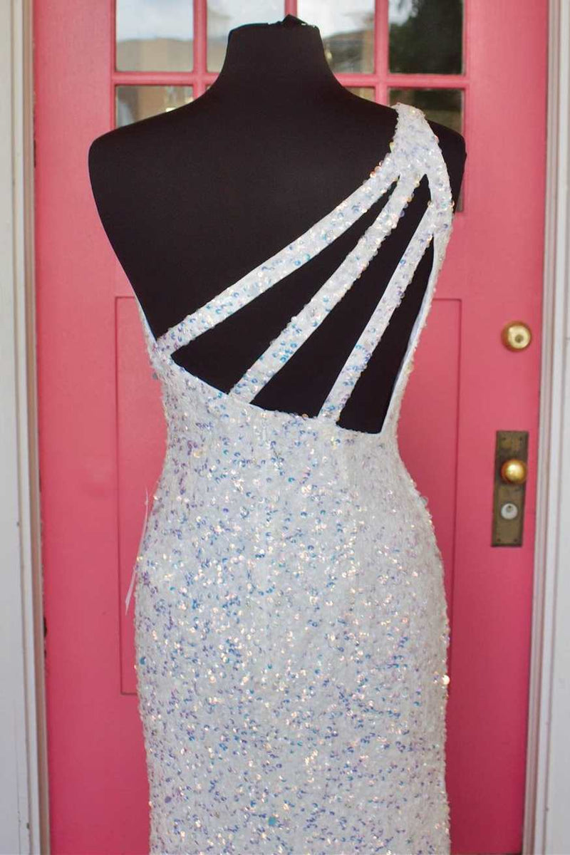 One Shoulder White Sequins Long Formal Gown