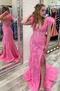 Red Appliques Feather Off-the-Shoulder Long Prom Dress with Slit