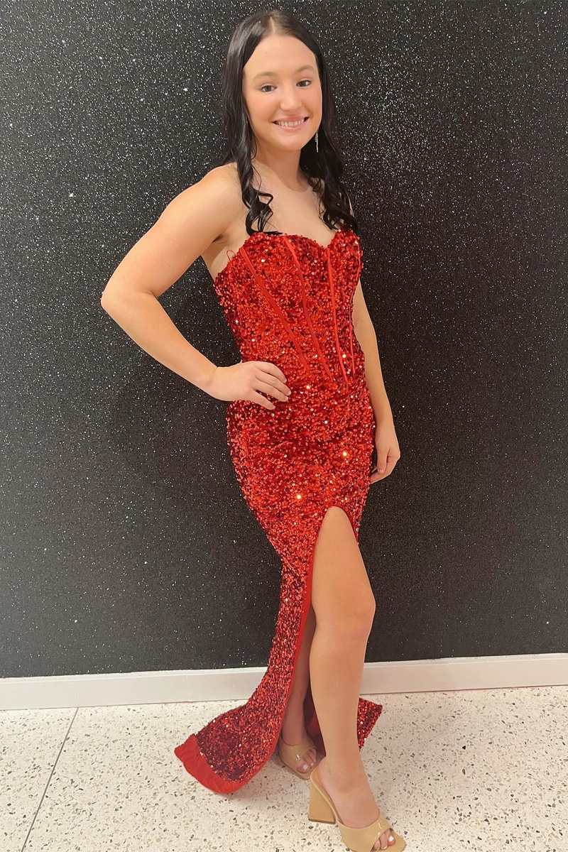 Fuchsia Sequin Strapless Mermaid Long Prom Dress with Slit