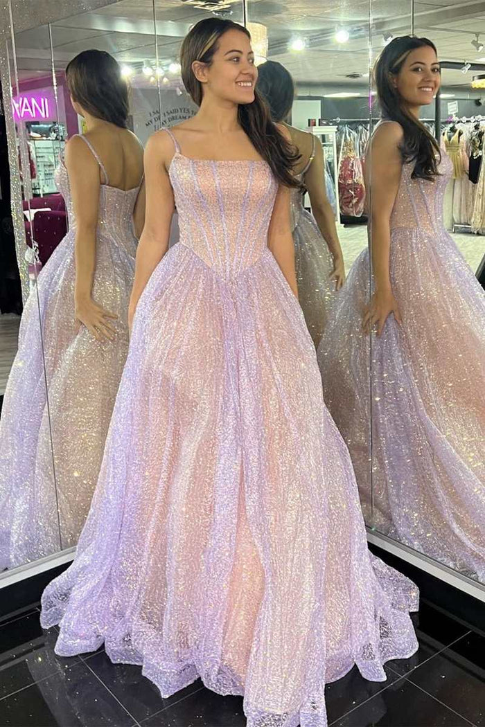 Princess Pink Sequins Straps A-Line Prom Gown