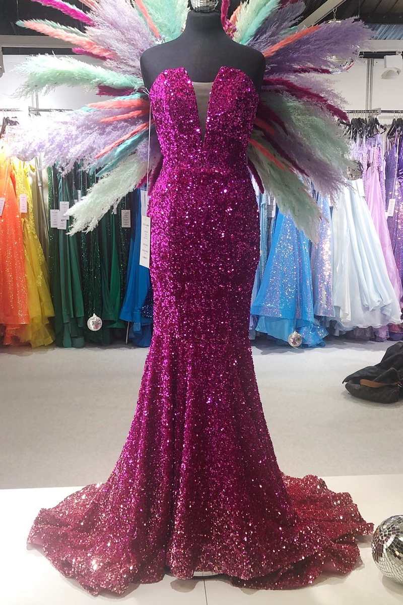 Fuchsia Sequin Strapless Mermaid Long Formal Dress