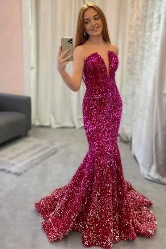 Fuchsia Sequin Strapless Mermaid Long Formal Dress