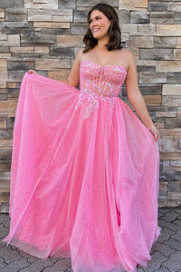 Glitter Strapless Hot Pink Appliques A-Line Prom Dress