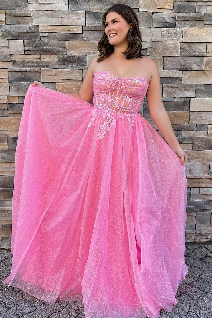 Glitter Strapless Hot Pink Appliques A-Line Prom Dress