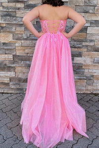 Glitter Strapless Hot Pink Appliques A-Line Prom Dress