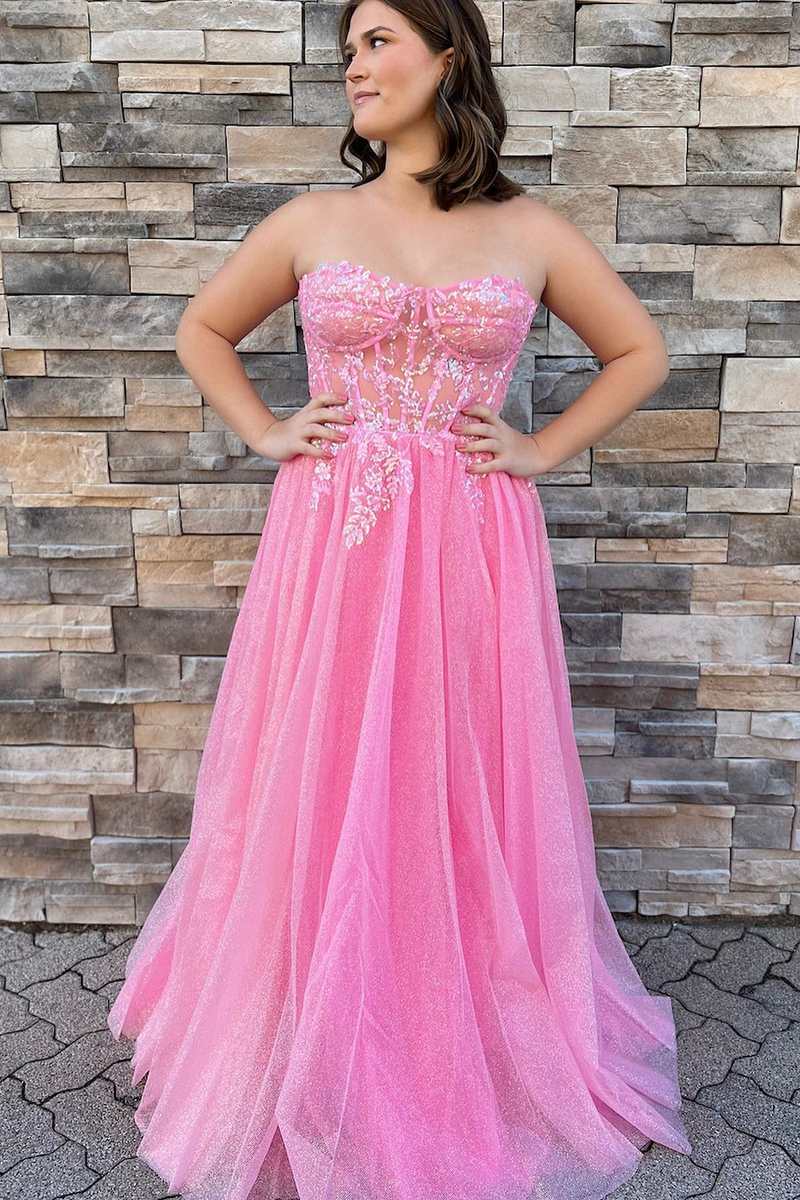 Glitter Strapless Hot Pink Appliques A-Line Prom Dress