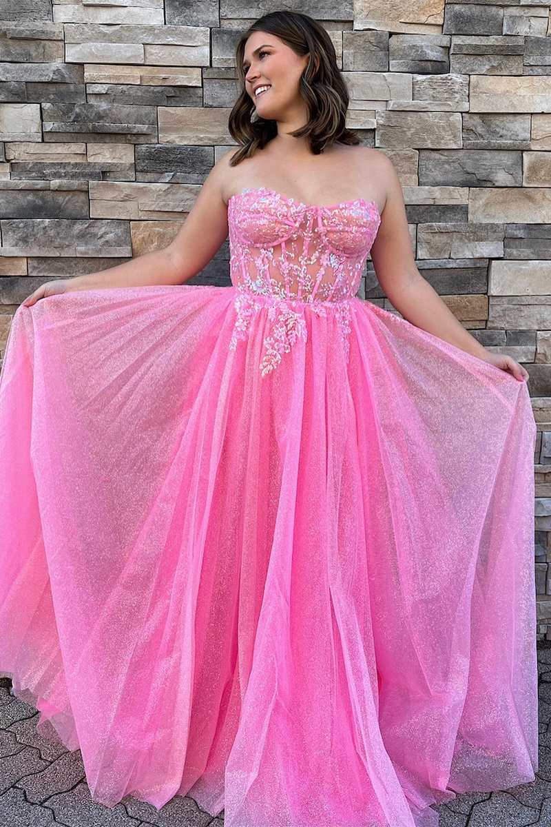 Glitter Strapless Hot Pink Appliques A-Line Prom Dress