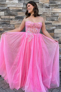 Glitter Strapless Hot Pink Appliques A-Line Prom Dress