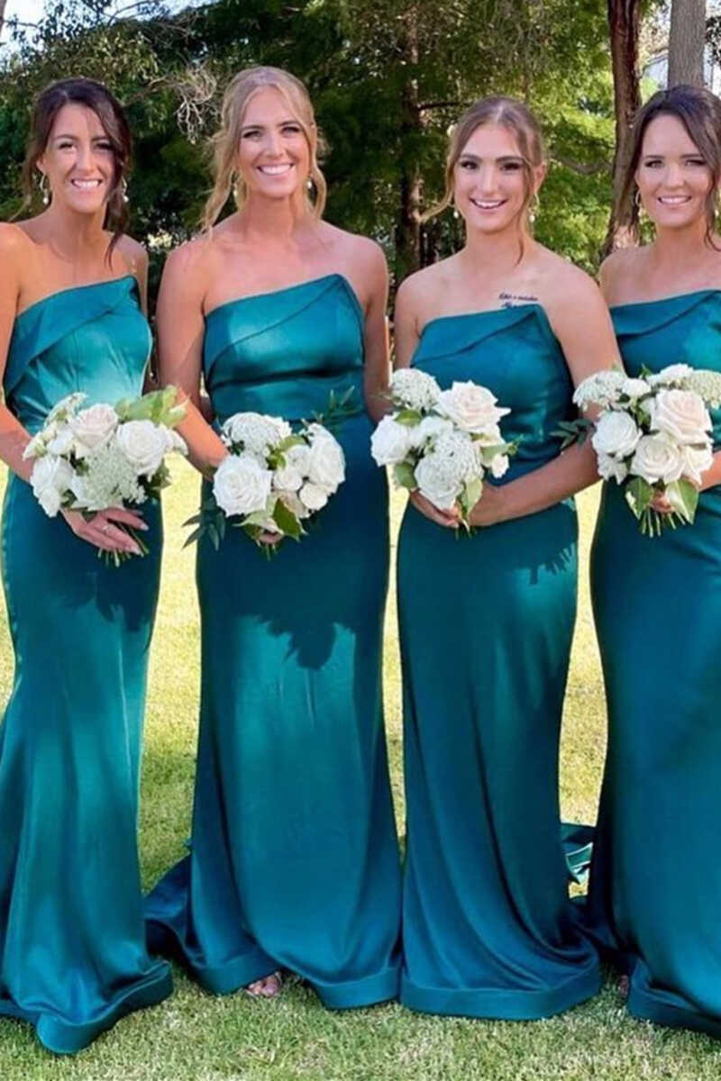 Teal Blue Strapless Mermaid Long Bridesmaid Dress