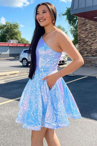 Blue Iridescent Sequin One-Shoulder A-Line Homecoming Dress