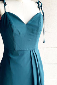 Green Faux-Wrap Bow Tie Shoulder Pleated Chiffon HI-Low Bridesmaid Dress