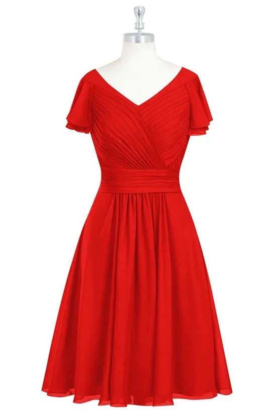 Red Chiffon V-Neck Ruffled A-Line Short Bridesmaid Dress