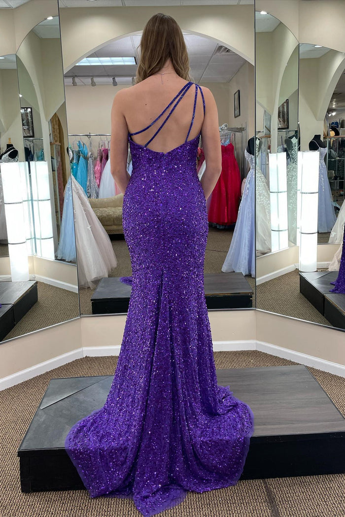 Regency Mermaid One Shoulder Sequins Slit Long Prom Dress