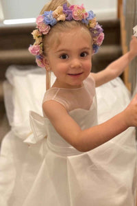 White Satin Rounded Neck Bow Back Flower Girl Dress