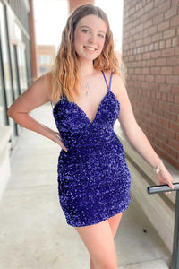 Royal Blue Sequin V-Neck Lace-Up Mini Homecoming Dress