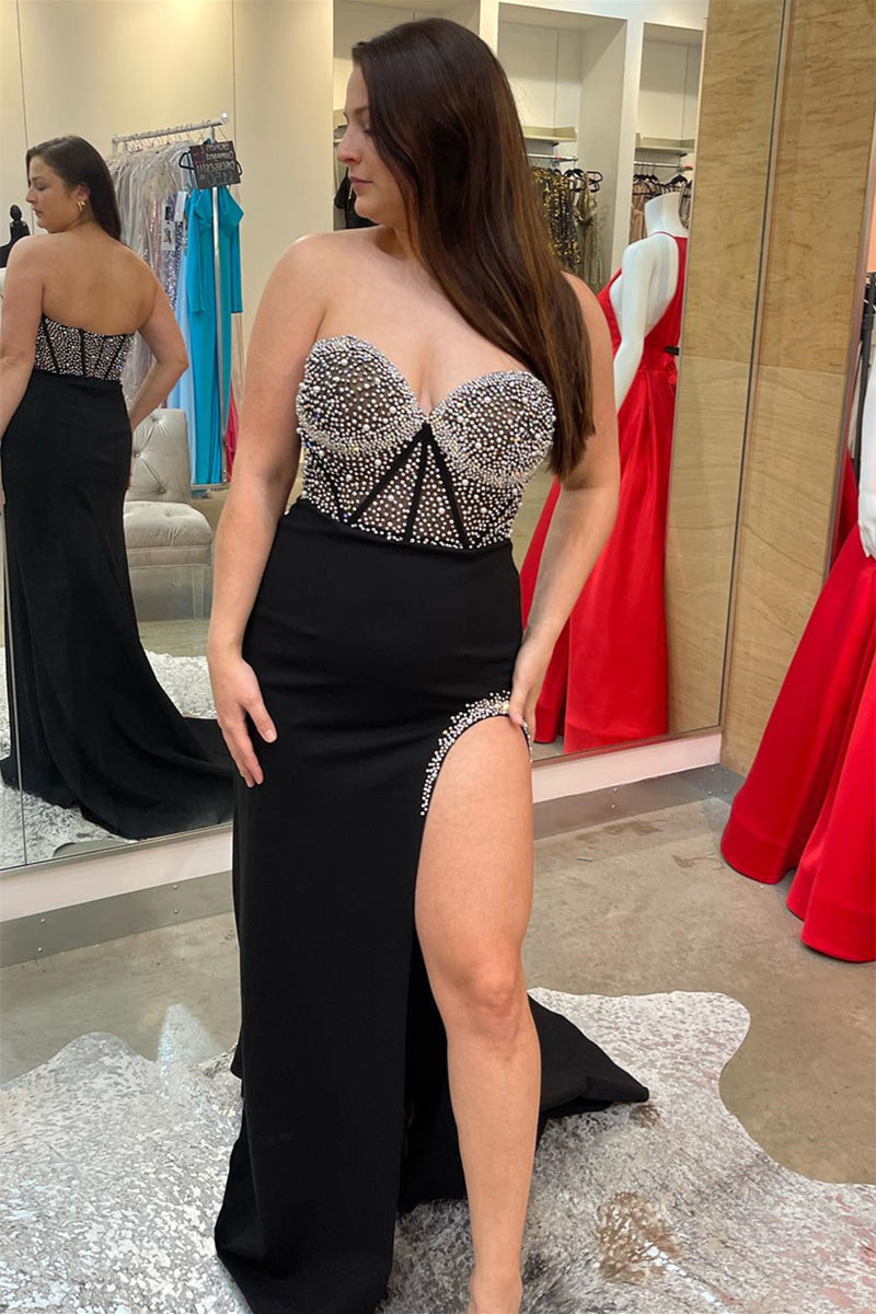 Black Mermaid Strapless Satin Beaded Long Prom Dress with Slit