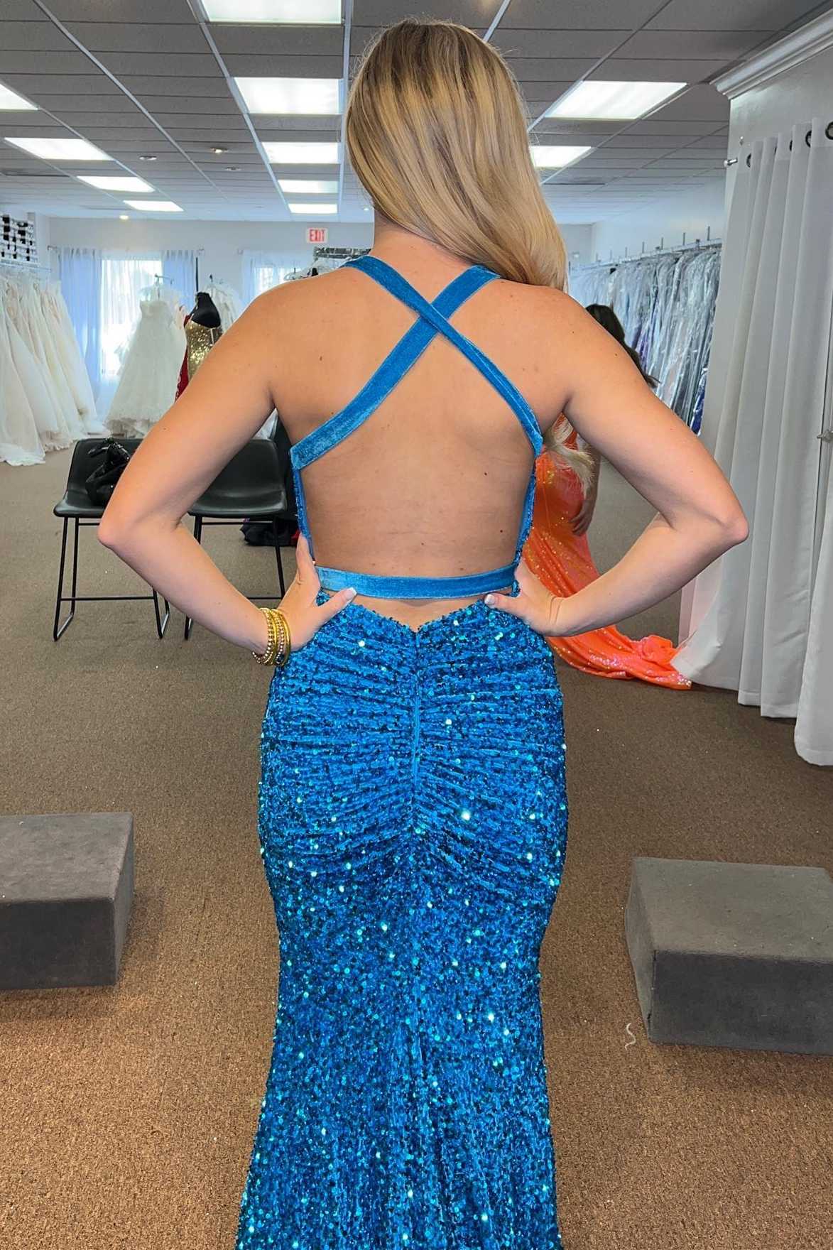 Blue Sequin V-Neck Cross-Back Mermaid Long Prom Dress
