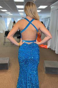 Blue Sequin V-Neck Cross-Back Mermaid Long Prom Dress