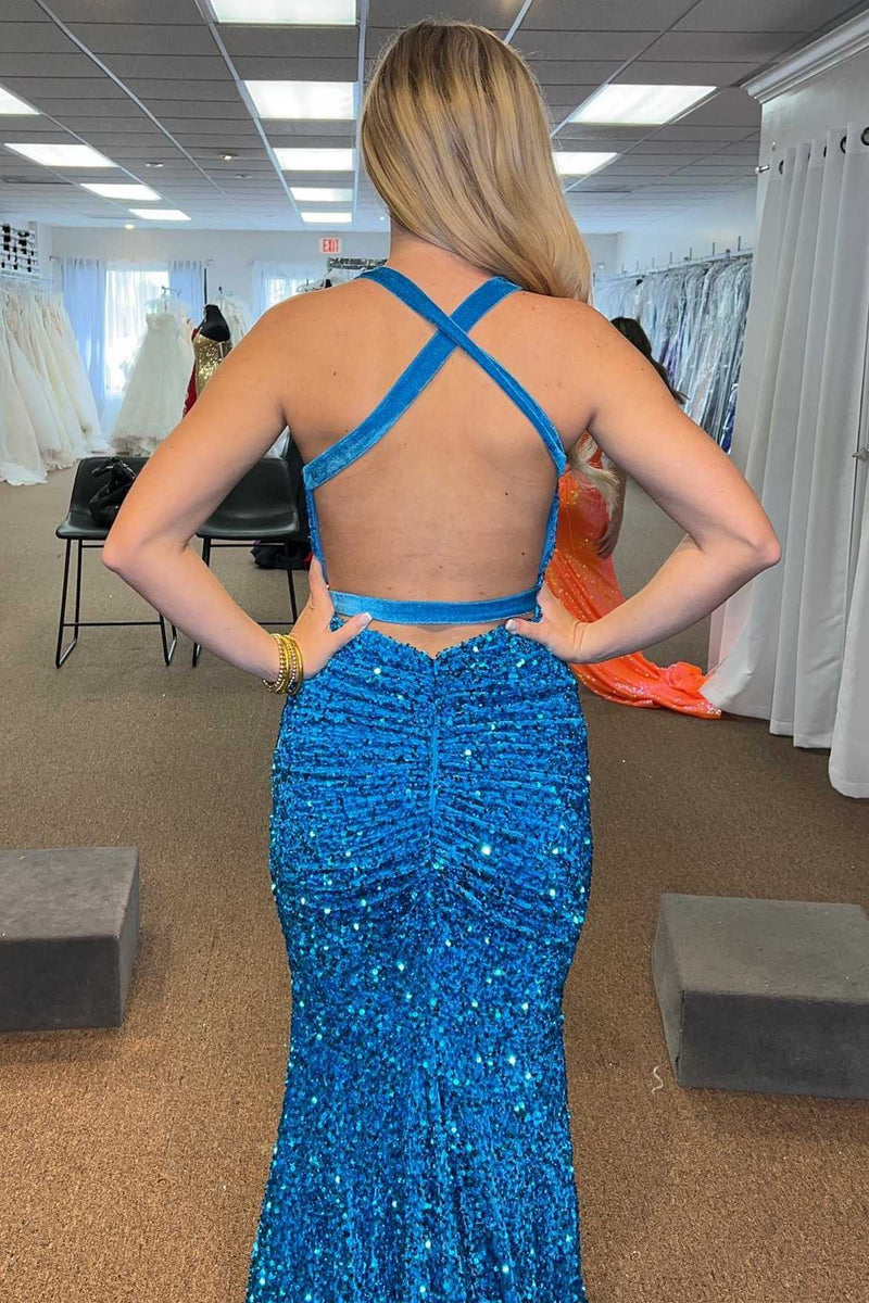Blue Sequin V-Neck Cross-Back Mermaid Long Prom Dress