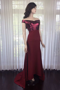Wine Red Sequin Off-the-Shoulder Long Bridesmaid Dress