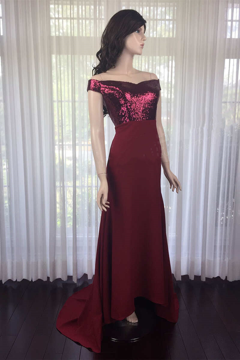 Wine Red Sequin Off-the-Shoulder Long Bridesmaid Dress