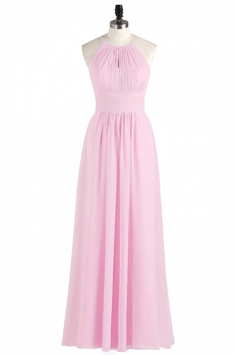 Pink Chiffon Halter Sleeveless A-Line Long Bridesmaid Dress