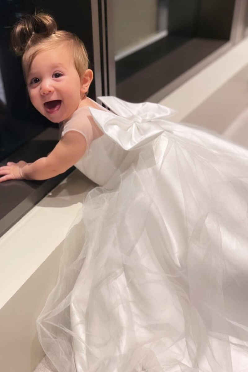 White Satin Rounded Neck Bow Back Flower Girl Dress