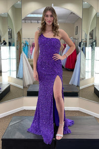 Regency Mermaid One Shoulder Sequins Slit Long Prom Dress