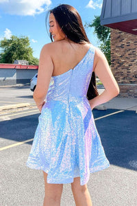 Blue Iridescent Sequin One-Shoulder A-Line Homecoming Dress