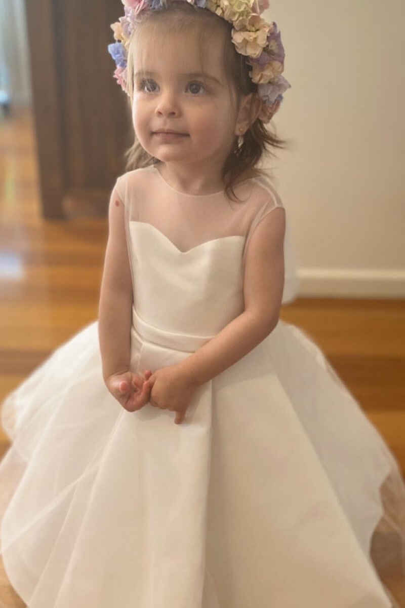 White Satin Rounded Neck Bow Back Flower Girl Dress