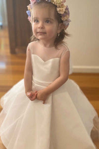 White Satin Rounded Neck Bow Back Flower Girl Dress