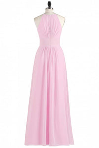 Pink Chiffon Halter Sleeveless A-Line Long Bridesmaid Dress