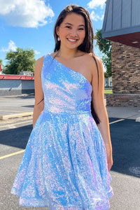 Blue Iridescent Sequin One-Shoulder A-Line Homecoming Dress