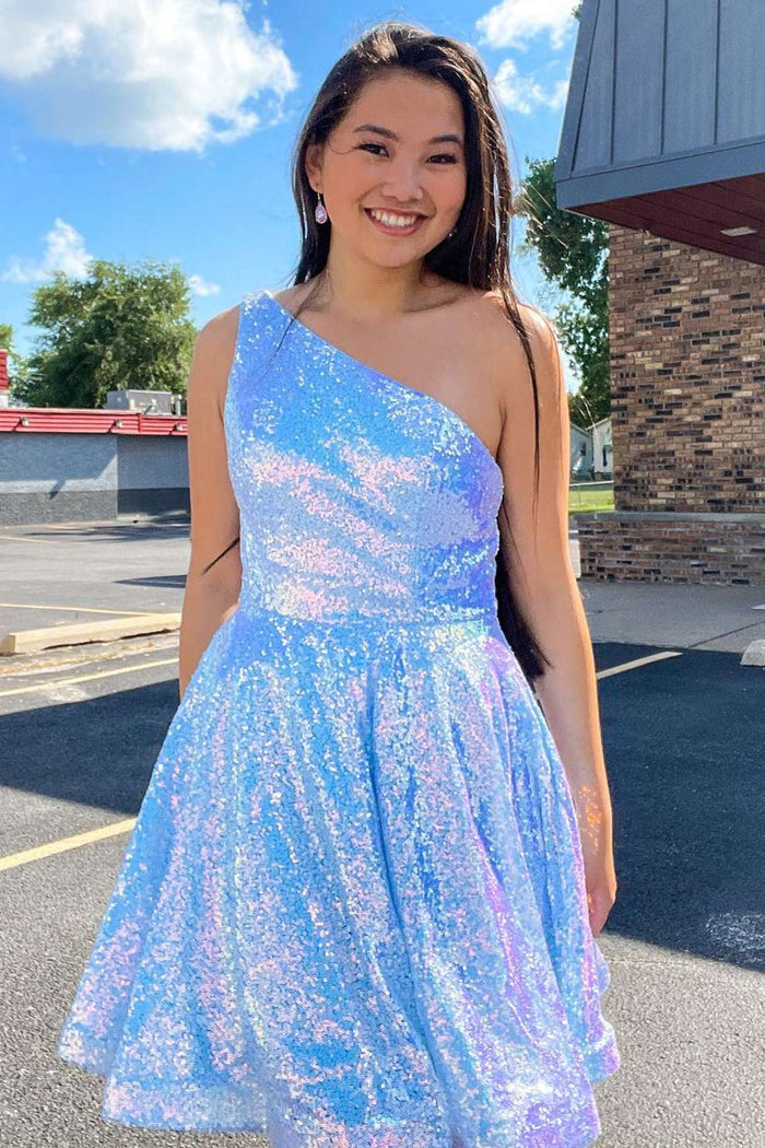 Blue Iridescent Sequin One-Shoulder A-Line Homecoming Dress
