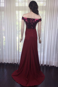 Wine Red Sequin Off-the-Shoulder Long Bridesmaid Dress