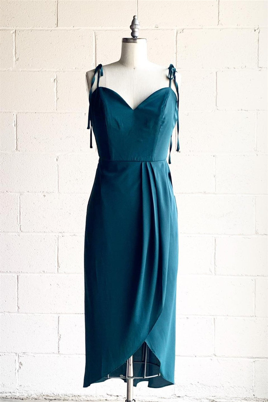 Green Faux-Wrap Bow Tie Shoulder Pleated Chiffon HI-Low Bridesmaid Dress