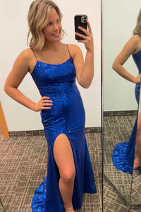 Sequins Scoop Neck Lace-Up Mermaid Long Prom Gown with Slit
