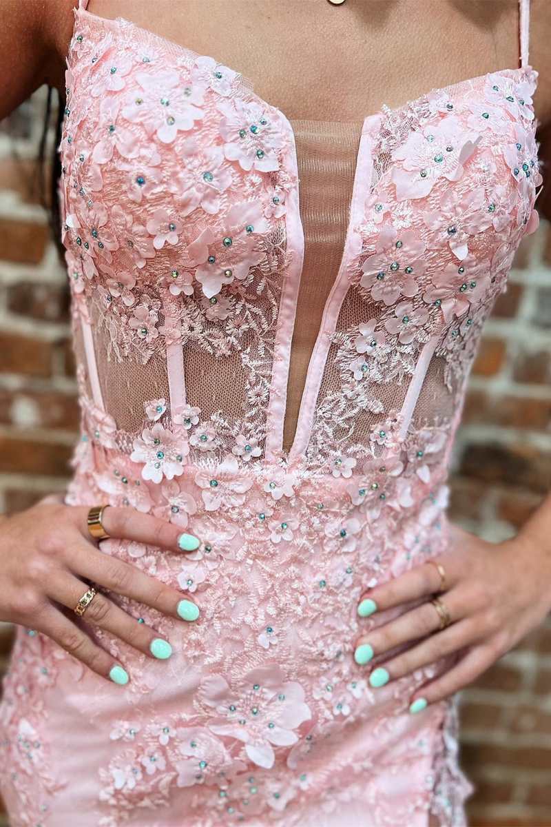 Pink Floral Lace Straps Mermaid Long Formal Dress