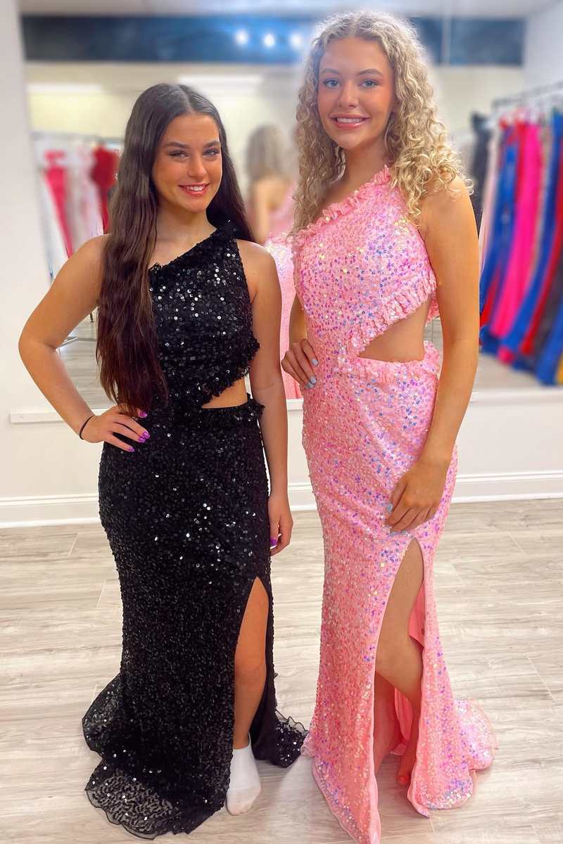 One-Shoulder Sequin Ruffles Cutout Long Prom Dress with Slit