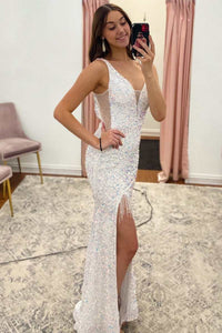 White Iridescent Sequin Tassel Backless Long Prom Dress with Slit