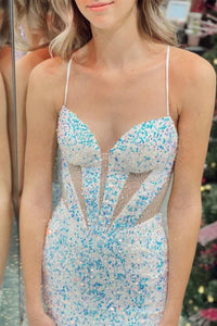White Iridescent Sequin Straps Cutout Mermaid Long Prom Dress