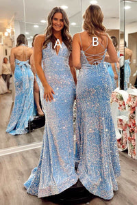 Blue Iridescent Sequin Mermaid Long Prom Dress