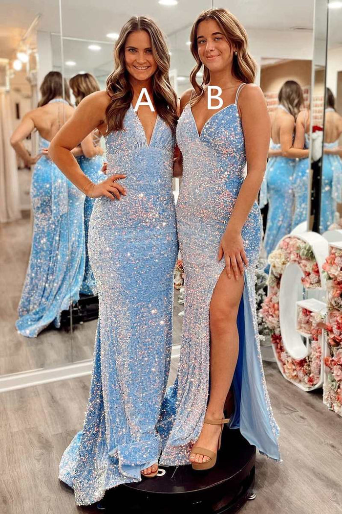 Blue Iridescent Sequin Mermaid Long Prom Dress