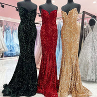 Mermaid Red Sequins Strapless Long Prom Dress