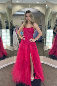 Fuchsia A-line Tulle Scoop Neckline Applique Slit Long Prom Dress