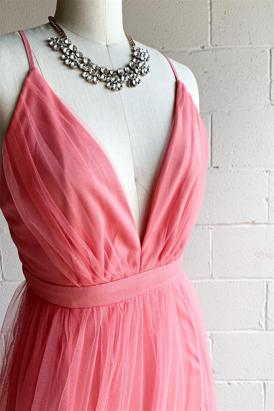 Pink A-line V Neck Pleated Tulle Long Bridesmaid Dress with Slit