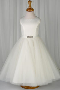 White Jewel Sleeveless Beaded Sash Long Flower Girl Dress with Buttons