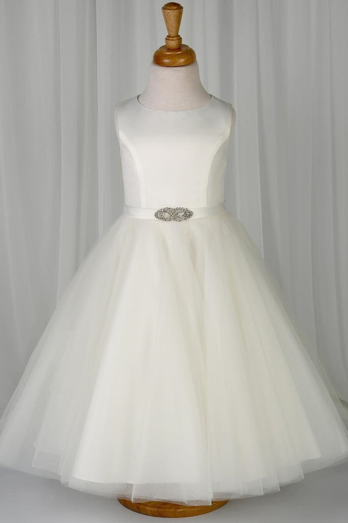 White Jewel Sleeveless Beaded Sash Long Flower Girl Dress with Buttons