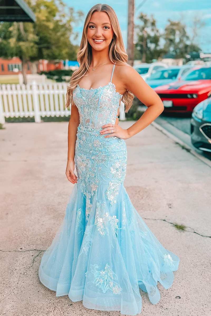 Light Blue Appliques Straps Lace-Up Mermaid Long Formal Dress