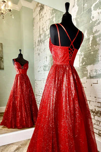 A-Line Red Sequin Lace-Up Long Prom Dress